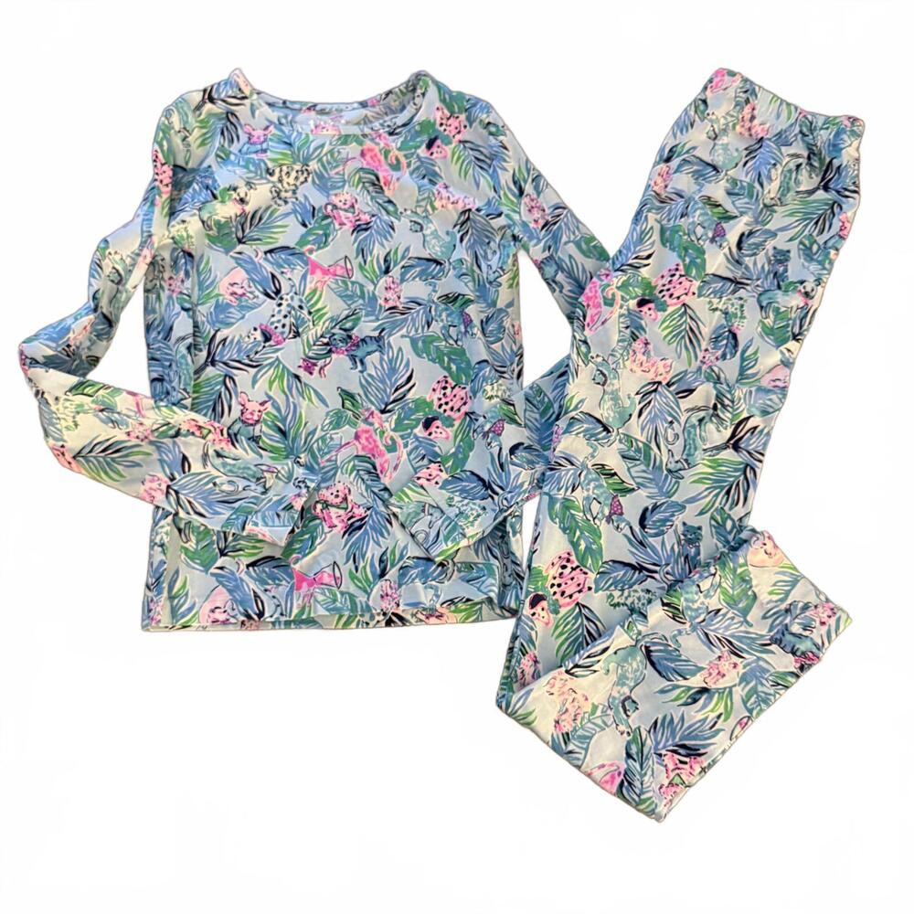 Lilly Pulitzer Girls SZ 14 NWOT Blue/Pink Flamingo 2 Piece Pajama set Preppy